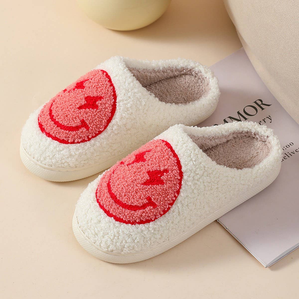 THUNDER EYE SMILING FACE LEOPARD PLUSH SLIPPERS_CWSHS0264