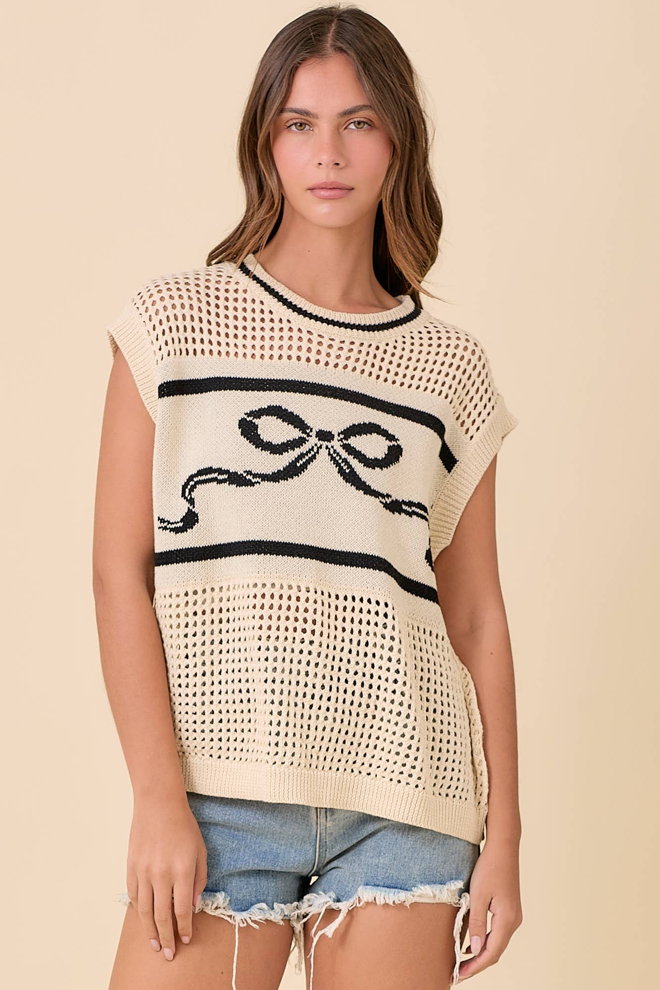 Sweater Knit Top With Ribbon Bow Jacquard