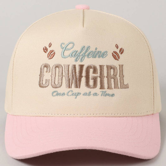 Caffeine Cowgirl One Cup At A Time Lettering Embroidery Cap