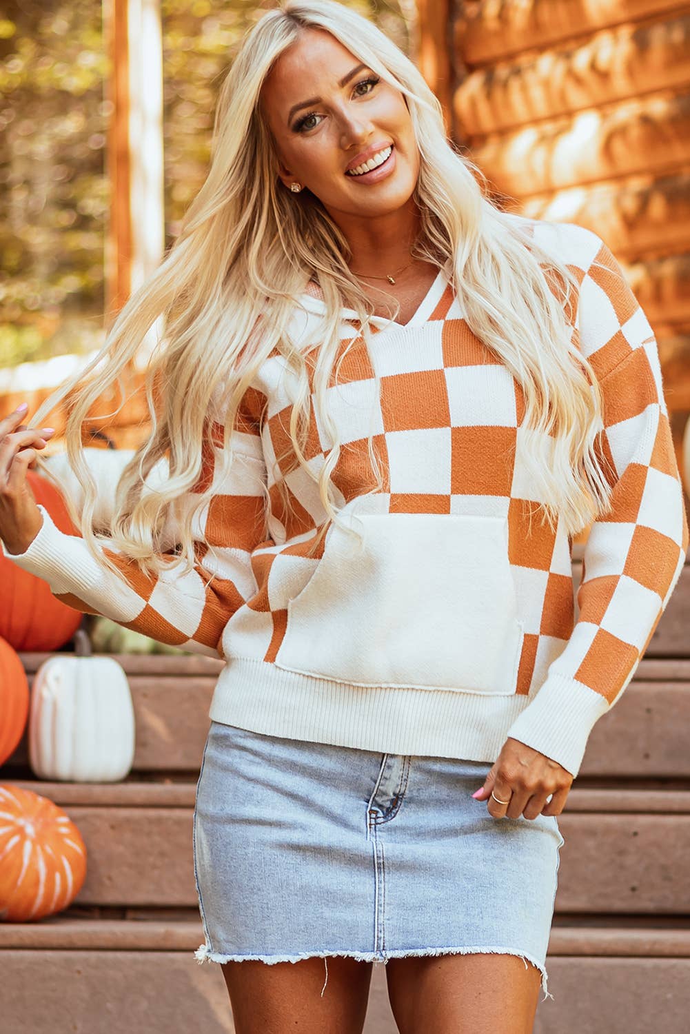 Checker Colorblock Hooded Sweater