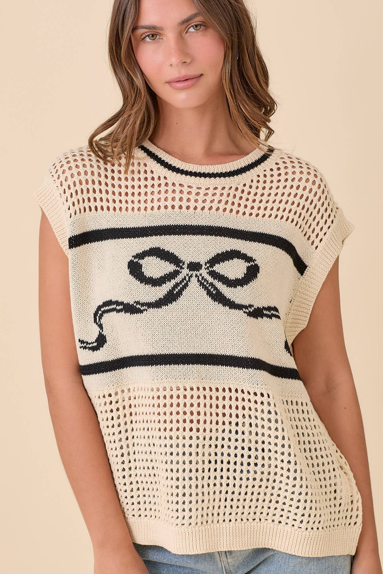 Sweater Knit Top With Ribbon Bow Jacquard